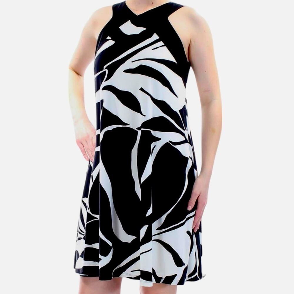 Lauren Ralph Lauren Black & Ivory Tropical Print Trapeze Jersey Dress, Size 8